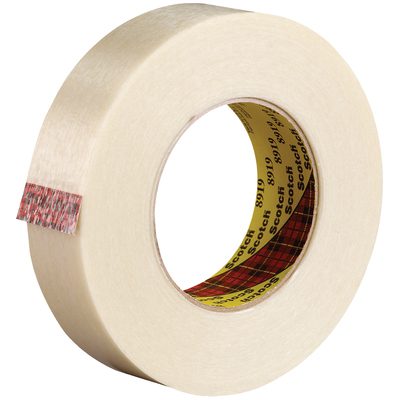 T9158919.jpg The 1 x 60 yds. 3M™ 8919 Strapping Tape has a beige color, a red plaid strip near the edge for identification, and a durable yellow core with black text. Its sticky side ensures secure item fastening.