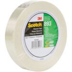 The 1 x 60 yds. Scotch® Filament Tape 893 (36/Case) showcases strength with English, French, and Spanish on its label and the iconic 3M logo, packaged efficiently in clear plastic wrap.