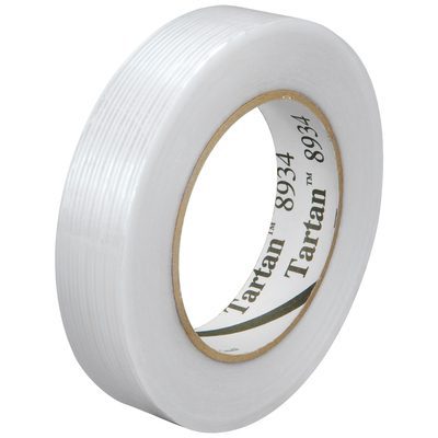 T915893412PK.jpg A roll of Tartan™ 8934 clear packaging tape with a glossy finish, shown on a white background, ideal for sealing boxes, and part of the 1 x 60 yds. (12 Pack) series.
