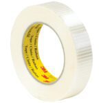 A 6-pack of Scotch® Bi-Directional Filament Tape 8959, sized at 1 x 55 yds., sits beside a roll of silver duct tape with a reflective surface and a yellow core displaying the 3M logo.
