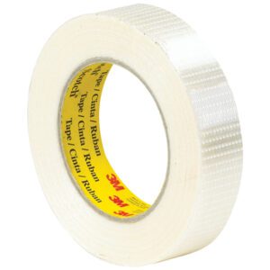 A 6-pack of Scotch® Bi-Directional Filament Tape 8959, sized at 1 x 55 yds., sits beside a roll of silver duct tape with a reflective surface and a yellow core displaying the 3M logo.