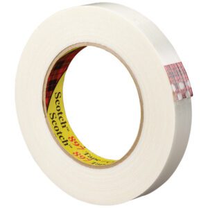 This 12-pack of Scotch® Filament Tape 897, in clear with white edges and a red plaid inner label displaying the Scotch brand, offers durability at 1 x 60 yds., perfect for sealing needs.
