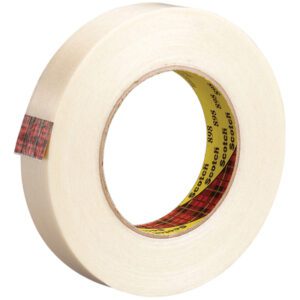 The 1 x 60 yds. Scotch® Filament Tape 898, found in cases of 36, features a subtle beige tint and comes with a yellow core with black text and red plaid accents. Its engineered for reliability and slightly lifted for easy use.
