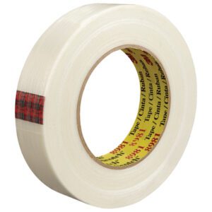 A roll of 1 x 60 yds. 3M™ 8981 Strapping Tape, with a thin red line on the inside edge, partially unrolls to reveal its transparent texture and yellow printed inner core.