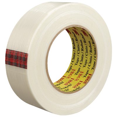 T916898112PK.jpg This 1 1/2 x 60 yds. roll from the (12 Pack) 3M™ 8981 Strapping Tape set features a yellow core with black and red text, adorned with a stylish red plaid strip, offering both strength and style for packaging.