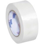 The 2 x 60 yds. Tape Logic® 1400 Strapping Tape features a wide, clear glossy surface that reflects light and has a white inner core with bold blue and red text. Available in cases of 24 rolls, it offers strength and style for your packaging needs.