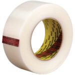 Each roll of 3M 865 strapping tape measures 2 x 60 yds, features a red plaid pattern on the inner core, and yellow and black text. It comes uniformly wound with a convenient 12-pack per case for all your securing needs.