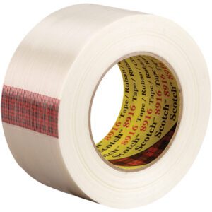 A slight sheen beige roll of 3M™ 8916 Strapping Tape, featuring a yellow inner core and red text, measures 2 x 60 yds. Its circular with a hollow center and comes in a pack of 12 per case.
