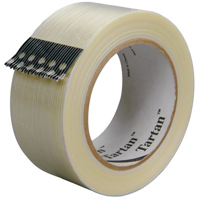 T917893212PK.jpg A 12-pack case of 2 x 60 yds. 3M™ 8932 Strapping Tape featuring beige packing tape with black reinforcement stripes and serrated edges.