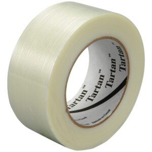 An angled roll of 2 x 60 yds. (12 Pack) Tartan™ Filament Tape 8934 shows its ribbed texture, with the adhesive side visible from the partially unspooled tape—ideal for packaging needs.
