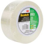 The 6 pack of 2 x 60 yds. Scotch® Filament Tape 893 features transparent rolls with visible fibers, ideal for bundling and reinforcing. The packaging combines green and yellow accents for durability and style.