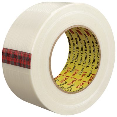 T9178981.jpg The 2 x 60 yds. 3M™ 8981 Strapping Tape comes in a case of 24 rolls, featuring a red plaid pattern on the edge and bold red text on yellow inside, combining functionality and style for your packaging needs.