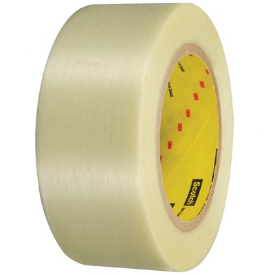 T9178983PK.jpg A roll of subtly beige-tinted Scotch® Filament Tape 898, size 2 x 60 yds., with red and black branding on the core, stands vertically against a white backdrop. Ideal for secure sealing, it is available in a convenient three-pack set.