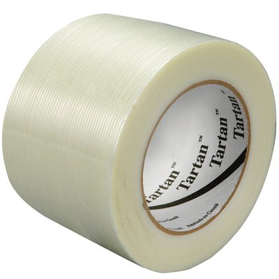 T91889346PK.jpg The 3 x 60 yds. Tartan™ Filament Tape 8934 offers a clear, ridged surface with a white core labeled Tartan. Available in a convenient 6-pack, this strong tape is set against a plain white background.