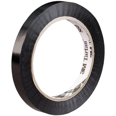 T919860.jpg A black electrical tape roll with a cardboard core stands upright against a white background, reflecting the durability and reliability similar to 1/2 x 120 yds. Tartan™ Strapping Tape 860 (144/Case), ideal for secure packaging.