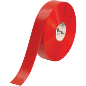 A 2 x 100 Red Mighty Line™ Deluxe Safety Tape roll, unwound slightly to reveal its glossy surface and central visible label, ideal for high-visibility needs.