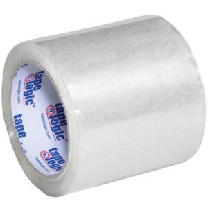 A 6-pack of Tape Logic® 4 x 72 yds. clear tape with white inner core featuring the brand name in blue and red text offers strong adhesion for all your packaging needs.