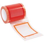 The 5 x 6 Tape Logic® Pouch Tape Roll has a roll of red packing tape with a clear end section and an orange-bordered pouch reading PACKING LIST ENCLOSED. Its available in a case of 12 rolls.