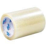 The 6 x 72 yds. Clear Tape Logic® 2 Mil Acrylic Tape features a glossy finish and a core with a white label highlighted by blue and red text. This high-quality tape is ideal for various packaging needs and is sold in cases of 12.