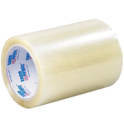 T9236100.jpg The 6 x 72 yds. Clear Tape Logic® 2 Mil Acrylic Tape features a glossy finish and a core with a white label highlighted by blue and red text. This high-quality tape is ideal for various packaging needs and is sold in cases of 12.