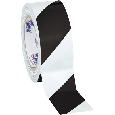 T9236BW.jpg A partially unrolled roll of 2 x 36 yds. Tape Logic® Black/White Striped Vinyl Safety Tape reveals diagonal stripes, with the brand logo on the inner cardboard ring. Sold in a case of 24.