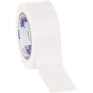 A partially unrolled 2 x 36 yds. White Tape Logic® Solid Vinyl Safety Tape reveals its branding against a plain background, showcasing reliable craftsmanship—ideal for projects needing high-quality safety tape.