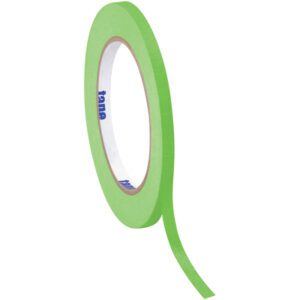 A Tape Logic® Masking Tape roll, 1/4 x 60 yds., light green, stands upright on a white background. The blue text on the inner cardboard ring suggests quality—a toolbox essential.
