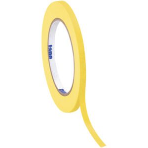 A roll of 1/4 x 60 yds. Yellow (12 Pack) Tape Logic® Masking Tape with a partially peeled end, showing the inner core with blue text on white, stands upright against a plain white backdrop.