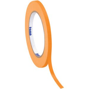 A roll of 1/4 x 60 yds. Orange Tape Logic® Masking Tape (144 Rolls/Case) unfurls gracefully, highlighting its white core with blue text against a clean white background for a striking visual effect.