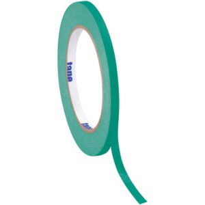 A partially unwound roll of 1/4 x 60 yds. Dark Green Tape Logic® Masking Tape features a white core with blue text, and its thin, matte texture contrasts against the white background.