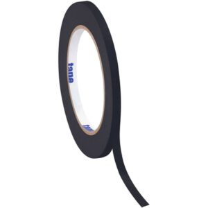 A roll of 1/2 x 60 yds. Black Tape Logic® Masking Tape, part of a 12 pack, stands upright on a white background with a strip unwound. Its glossy finish shines under light, and the inner core displays blue text labeling this essential tool.