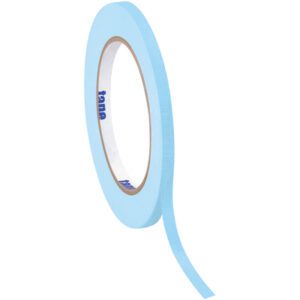 A roll of 1/2 x 60 yds Light Blue Tape Logic® Masking Tape (72 Rolls/Case) is set against a white backdrop. The thin tape unrolls smoothly downward, exposing the branded logo on the core.