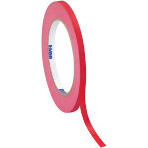 A roll of 1/2 x 60 yds. Red Tape Logic® Masking Tape from a case of 72, partially unrolled with its end dangling, reveals its inner cardboard core with blue text against a plain white background.