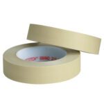 Two beige rolls from a 3 Pack of 1/2 x 60 yds. 3M™ 218 Masking Tape are stacked with the top roll tilted, featuring bold red inner text against a white background.
