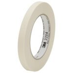 A roll of 1/2 x 60 yds. 3M Paper Masking Tape 2214 (72/Case) features the 3M brand inside its core. Its thin, cylindrical shape is displayed on a white background.