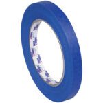 The 1/2 x 60 yds. Tape Logic® 3000 Blue Painters Tape from a 12-pack stands on its edge, highlighting its white inner lining with blue and red text against a white backdrop.