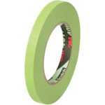 Upright on its edge, the 1/2 x 60 yds. (12 Pack) 3M High Performance Green Masking Tape 401+ roll flaunts its thin width and circular shape with a dark inner core, showcasing the iconic 3M and Scotch logos against a white backdrop.