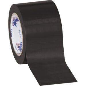 A roll of 3 x 36 yds. black Tape Logic® Solid Vinyl Safety Tape with an extended strip, featuring the brand on the core. Available in a practical (3 Pack).