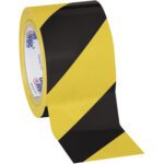 Tape Logic® 3 x 36 yds. Striped Vinyl Safety Tape in black and yellow is sold in a convenient 3 Pack, ideal for marking hazardous areas. The brand logo appears on the inner core of each roll.