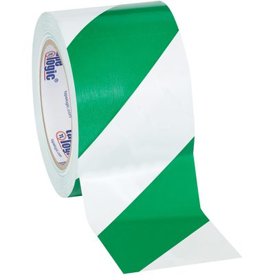 T93363PKGW.jpg A 3 x 36 yds. roll of MH-USA Green/White Striped Vinyl Safety Tape from Tape Logic, partially unrolled to show diagonal stripes and text on the cardboard core, comes in a 3-pack case for convenience.