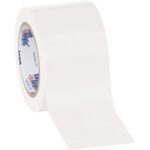 A roll of clear packaging tape with an unrolled strip features a 3 x 36 yds. white core with blue text and red logos. Perfect for tasks, this Tape Logic® Solid Vinyl Safety Tape is available in a convenient White (3 Pack).