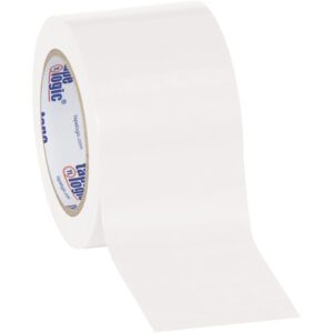 A roll of clear packaging tape with an unrolled strip features a 3 x 36 yds. white core with blue text and red logos. Perfect for tasks, this Tape Logic® Solid Vinyl Safety Tape is available in a convenient White (3 Pack).