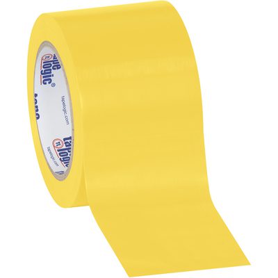 T93363PKY.jpg Partially unrolled, the 3 x 36 yds. Tape Logic® Solid Vinyl Safety Tape reveals its glossy yellow surface, with a core displaying white with blue and red logos. Its sold as a convenient (3 Pack) against a plain white background.