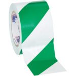 Partially unrolled, the MH-USA 3 x 36 yds. Green/White Tape Logic Striped Vinyl Safety Tape displays its alternating stripes and glossy finish, ensuring stylish safety—available in a case of 16.