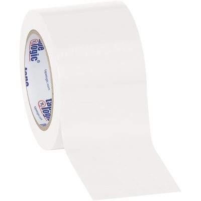 T9336W.jpg A partially unrolled, wide, clear adhesive tape reveals its inner cardboard core with blue and red text on a white surface. It mirrors light beautifully akin to the 3 x 36 yds. White Tape Logic® Solid Vinyl Safety Tape (16/Case) praised for its brilliant shine and durability.