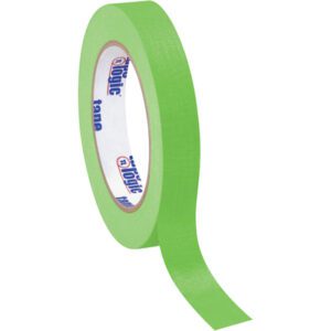 A roll of vibrant Tape Logic® Masking Tape, 3/4 x 60 yds., with the loose end slightly unrolled, showcases its branding text. Conveniently available in a Light Green 12 Pack for your needs.