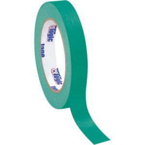 A partially unrolled roll of Tape Logic® Masking Tape, 3/4 x 60 yds., dark green, shows the inner labels text and logo.