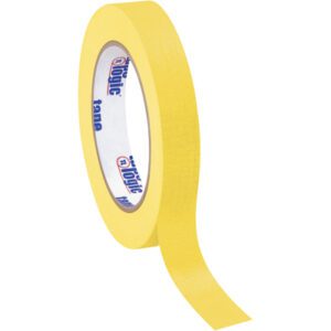A roll of 3/4 x 60 yds. Yellow Tape Logic® Masking Tape from the 12-pack set is partially unwound to show the adhesive side, with branding on the inner side, displayed against a white background.