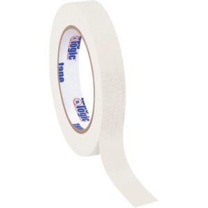 A partially unrolled roll of 3/4 x 60 yds. White Tape Logic® Masking Tape (48/Case) reveals the printed inner side and a slightly textured surface, offering strong adhesion and versatility for diverse projects.