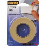 The 3/4 x 1000 (12 Pack) 3M™ 178 Freezer Tape comes in a beige roll within a blister pack. The label ensures adhesion to -40°F (-40°C), works well on paper, film, and foil, and features an image of the tape sealing a package labeled FISH.